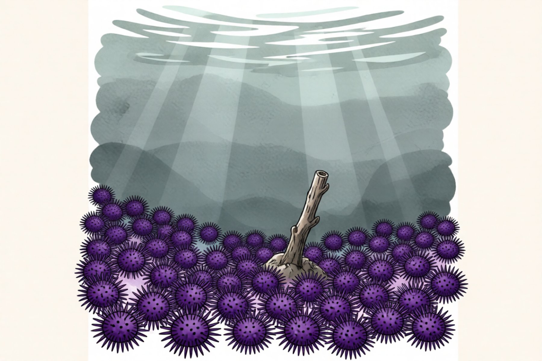 An urchin barren: a rocky seafloor covered in purple sea urchins with no kelp