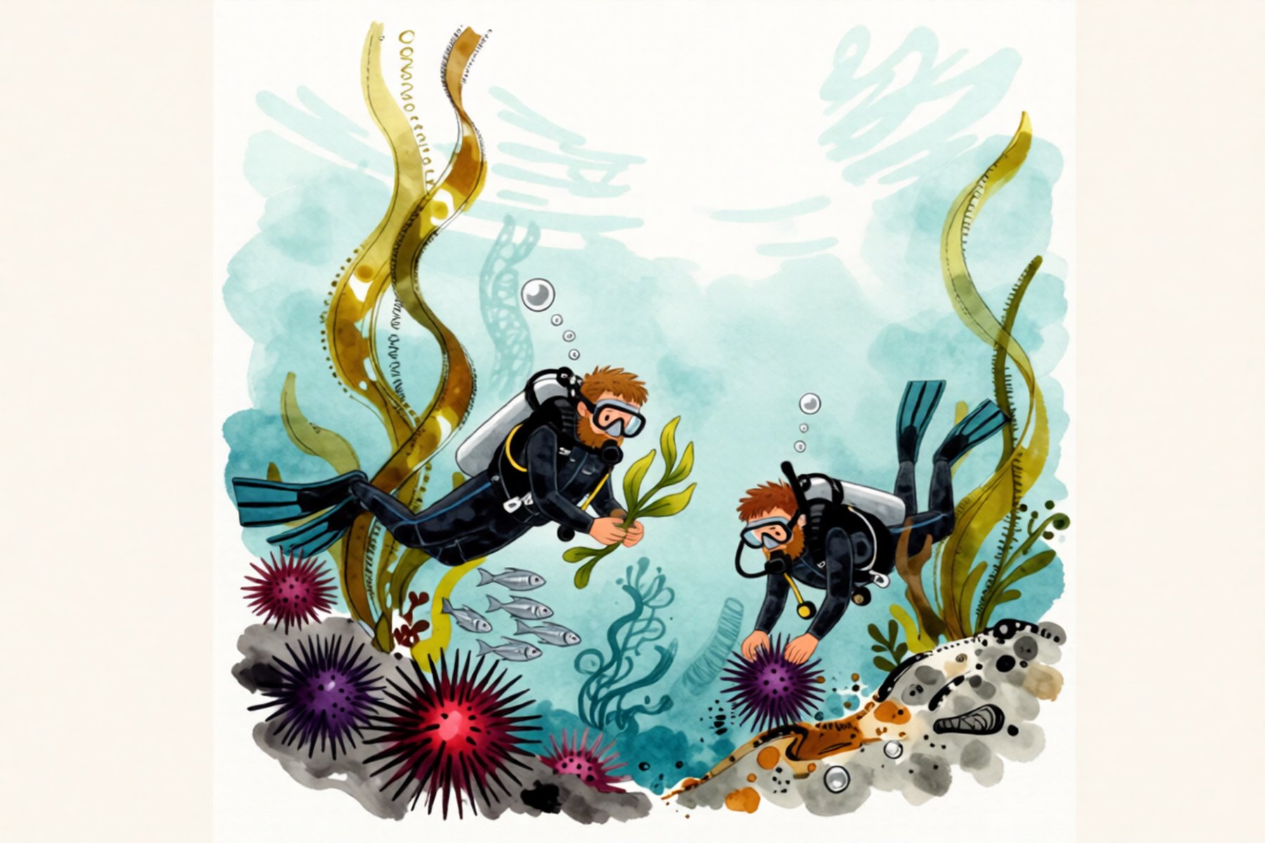 Divers tending a patch of regrowing kelp